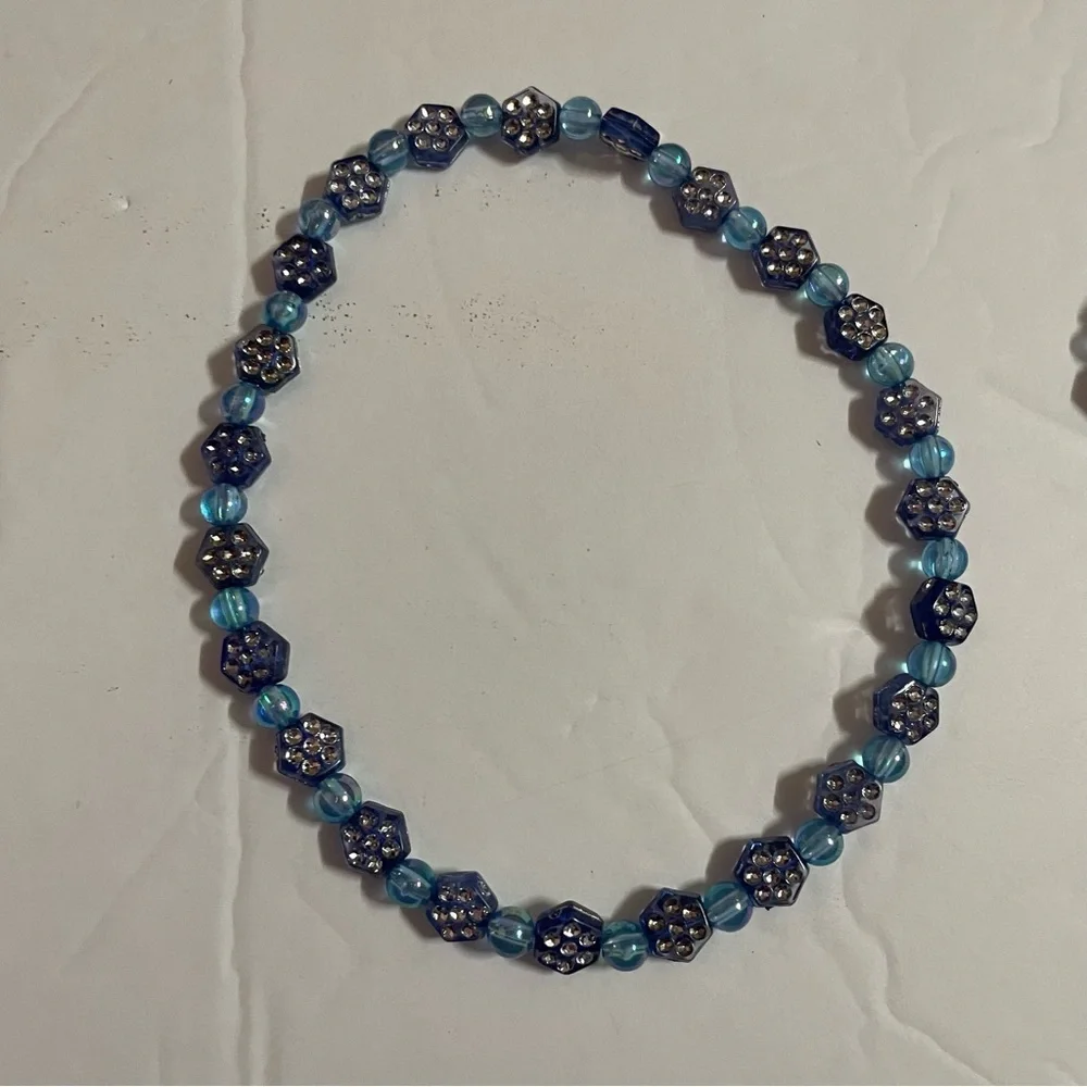 Vintage Stretchable Girls Blue Beaded Necklace and Bracelet